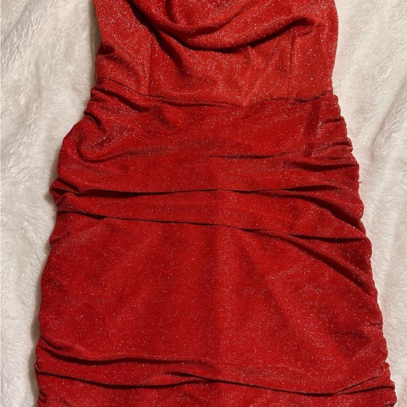 Main Strip Red Mini Stretch Dress with Draped Neckline Size Large - Picture 2 of 3